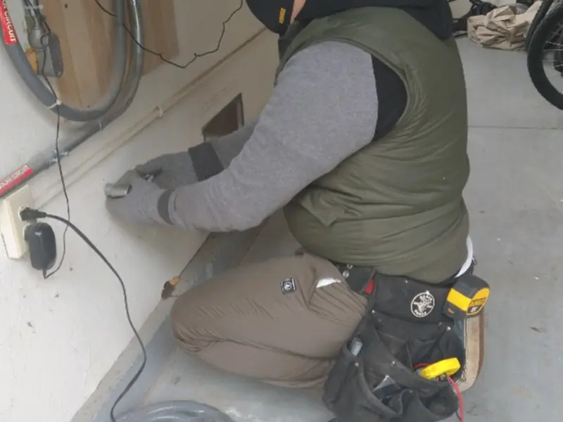 Electrician performing outlet wiring in a Castle Pines Village garage